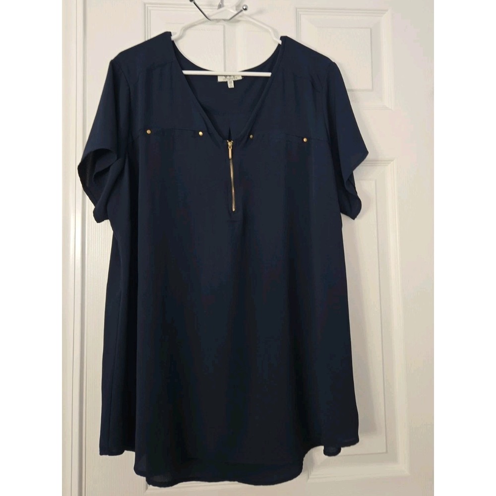 M P H Collection Womans Short Sleeve Plus Size 3X Blouse Navy V Neck 3/4 Zip Up